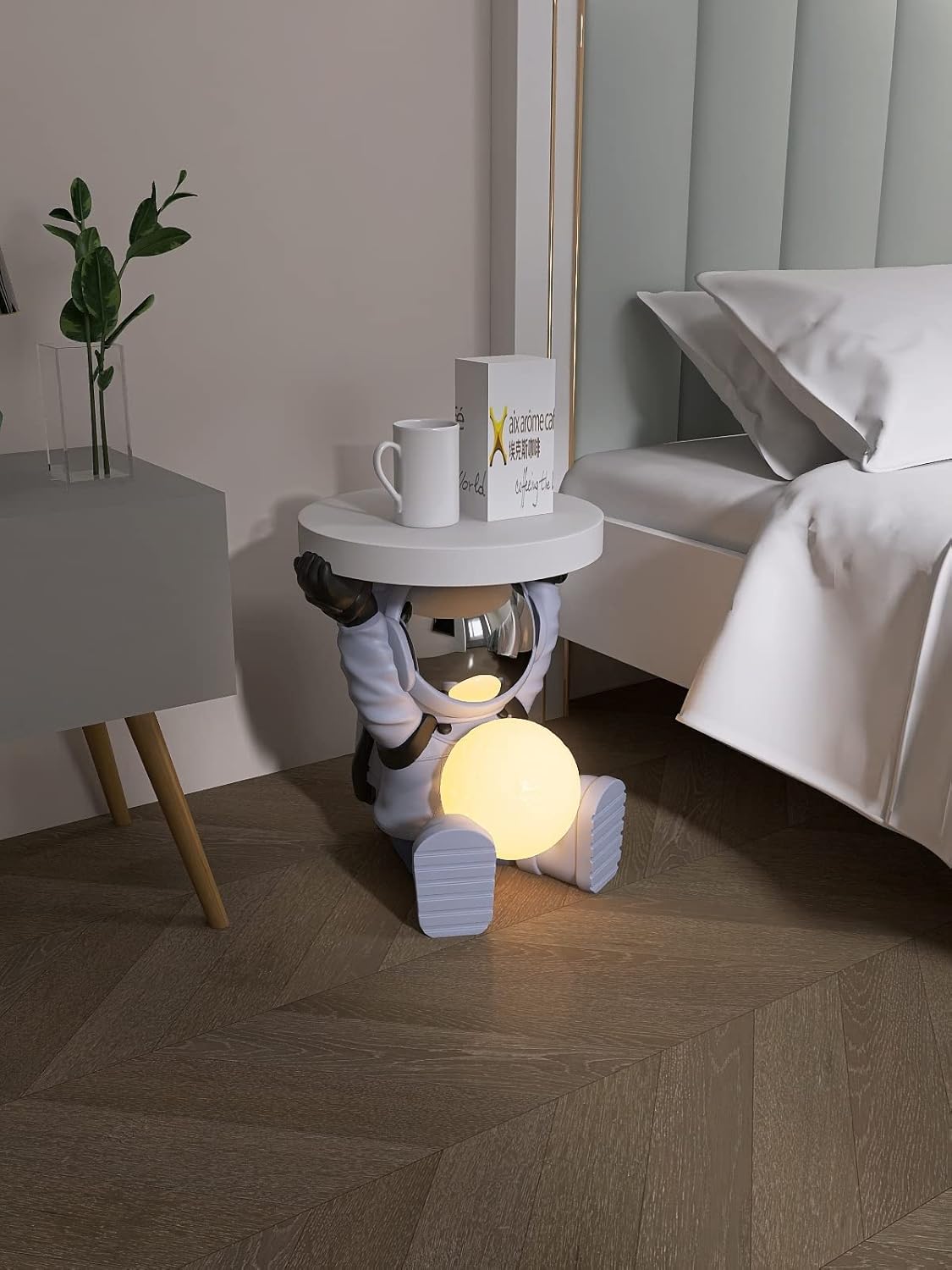 Astronautentisch mit rundem Tischplatte 19,7" x 17,7" Sofa-Beistelltisch mit Mondlampe Moderner Harz-Akzent Astronautenfigur für Schlafzimmer, Wohnzimmer, Zuhause, Rosa