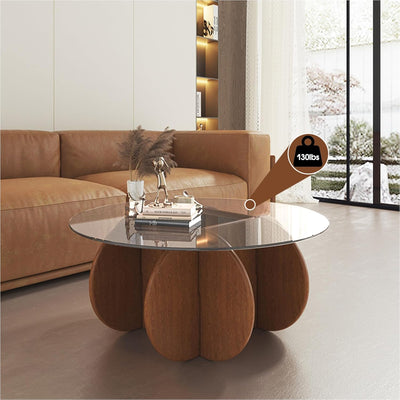 Schwarzer Couchtisch, 31,5" runder Glastisch für das Wohnzimmer, Mid-Century-Modern-Couchtisch, einzigartiger runder Beistelltisch mit Holzfuß