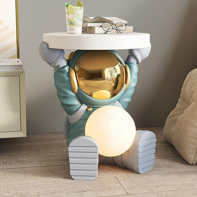 Astronautentisch mit rundem Tischplatte 19,7" x 17,7" Sofa-Beistelltisch mit Mondlampe Moderner Harz-Akzent Astronautenfigur für Schlafzimmer, Wohnzimmer, Zuhause, Rosa