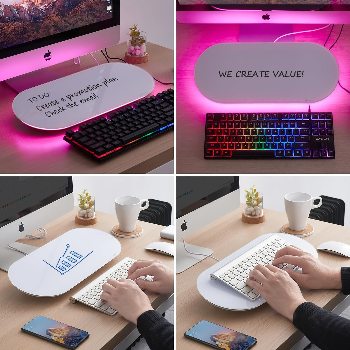TSJ OFFICE Glas-Schreibtisch-Whiteboard – 17 x 7 Zoll kleines Whiteboard mit blauer Beleuchtung, Glas-Whiteboard-Oberfläche Notizblock mit 1 Schublade, Schreibtisch-Organizer für Büro, Zuhause, Schulbedarf