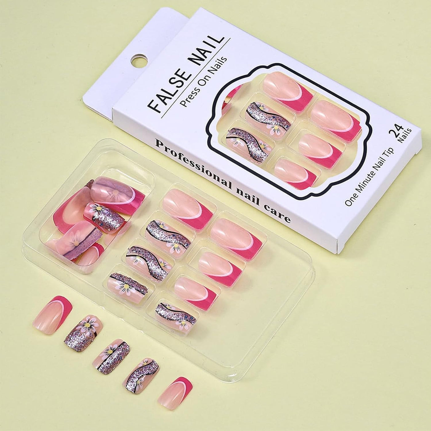 24 Stück Sommer Press-on-Nägel French Tips Medium Mandel Acryl Künstliche Nägel Sonnennägel zum Aufkleben Glänzende Orange Kurvenlinie Künstliche Nagelwellen Gelkleber Fingernägel für Maniküre Kunst Frauen Mädchen