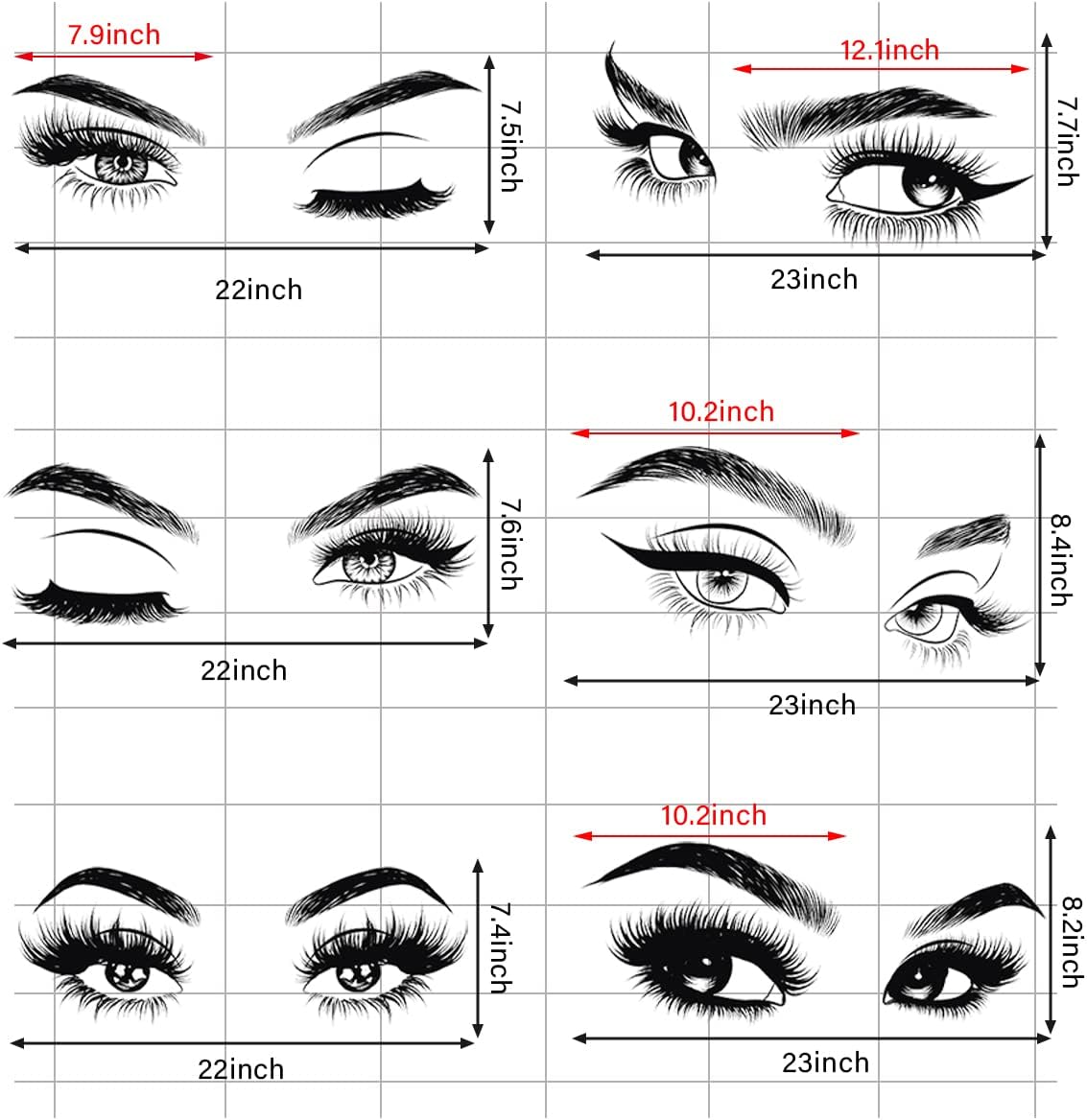 6 Stück Schwarze Frau Schönheit Augen Wandtattoo DIY Wimpern Augenbrauen Wandaufkleber Wohnzimmer Mädchen Schlafzimmer Büro Schönheitssalon Wanddeko