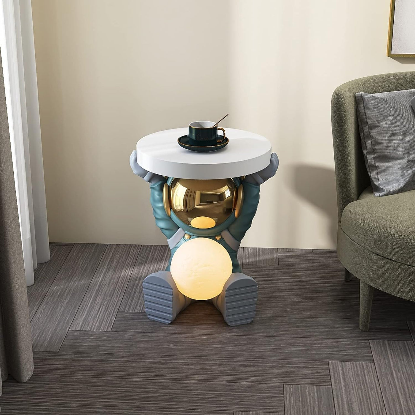 Astronautentisch mit rundem Tischplatte 19,7" x 17,7" Sofa-Beistelltisch mit Mondlampe Moderner Harz-Akzent Astronautenfigur für Schlafzimmer, Wohnzimmer, Zuhause, Rosa