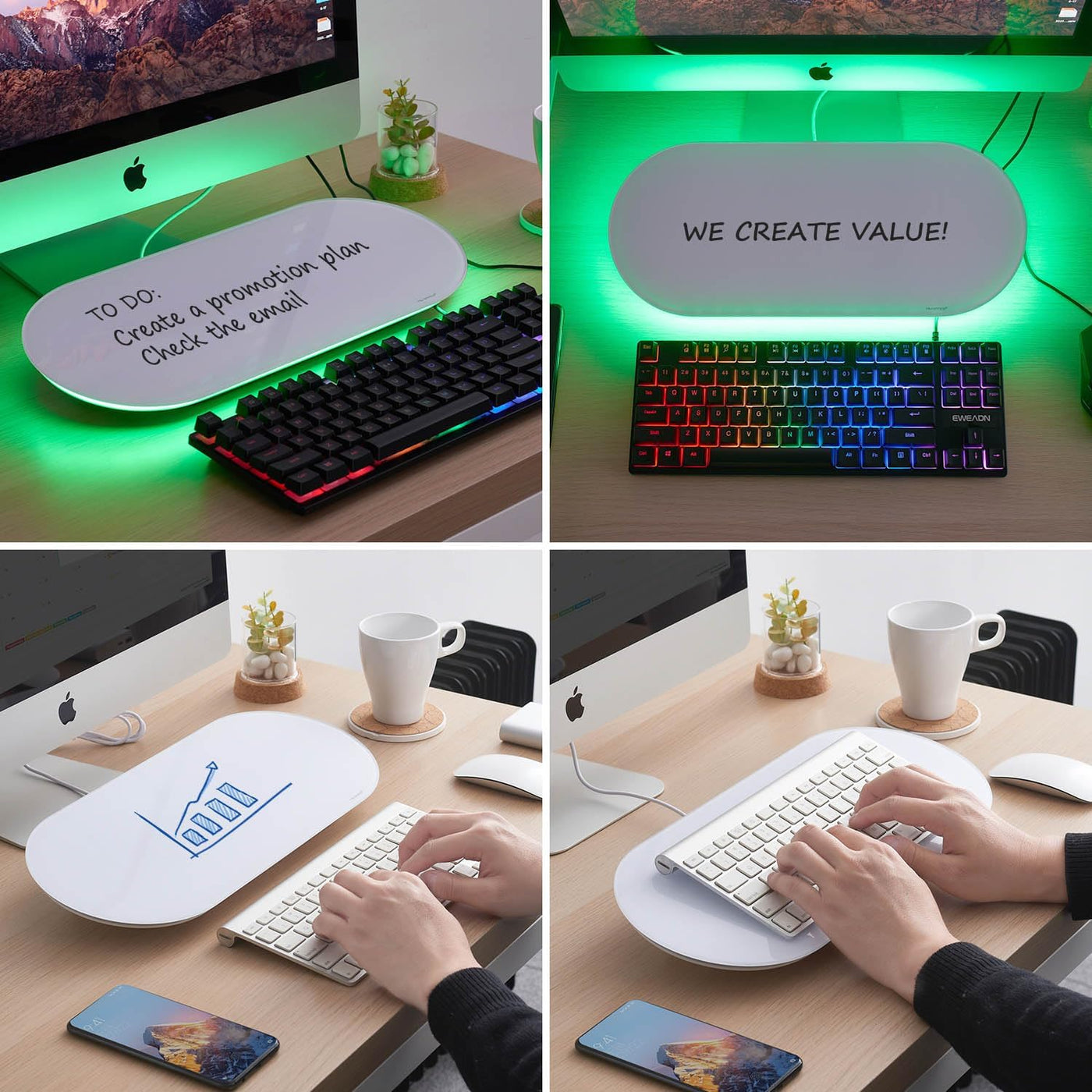 TSJ OFFICE Glas-Schreibtisch-Whiteboard – 17 x 7 Zoll kleines Whiteboard mit blauer Beleuchtung, Glas-Whiteboard-Oberfläche Notizblock mit 1 Schublade, Schreibtisch-Organizer für Büro, Zuhause, Schulbedarf