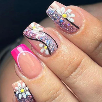 24 Stück Sommer Press-on-Nägel French Tips Medium Mandel Acryl Künstliche Nägel Sonnennägel zum Aufkleben Glänzende Orange Kurvenlinie Künstliche Nagelwellen Gelkleber Fingernägel für Maniküre Kunst Frauen Mädchen