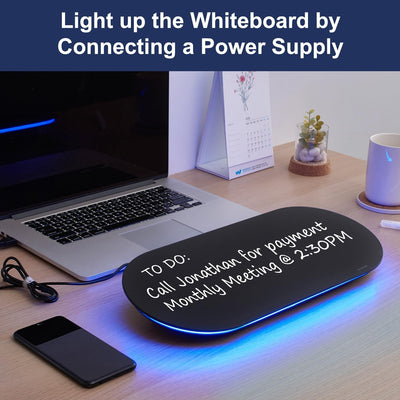 TSJ OFFICE Glas-Schreibtisch-Whiteboard – 17 x 7 Zoll kleines Whiteboard mit blauer Beleuchtung, Glas-Whiteboard-Oberfläche Notizblock mit 1 Schublade, Schreibtisch-Organizer für Büro, Zuhause, Schulbedarf