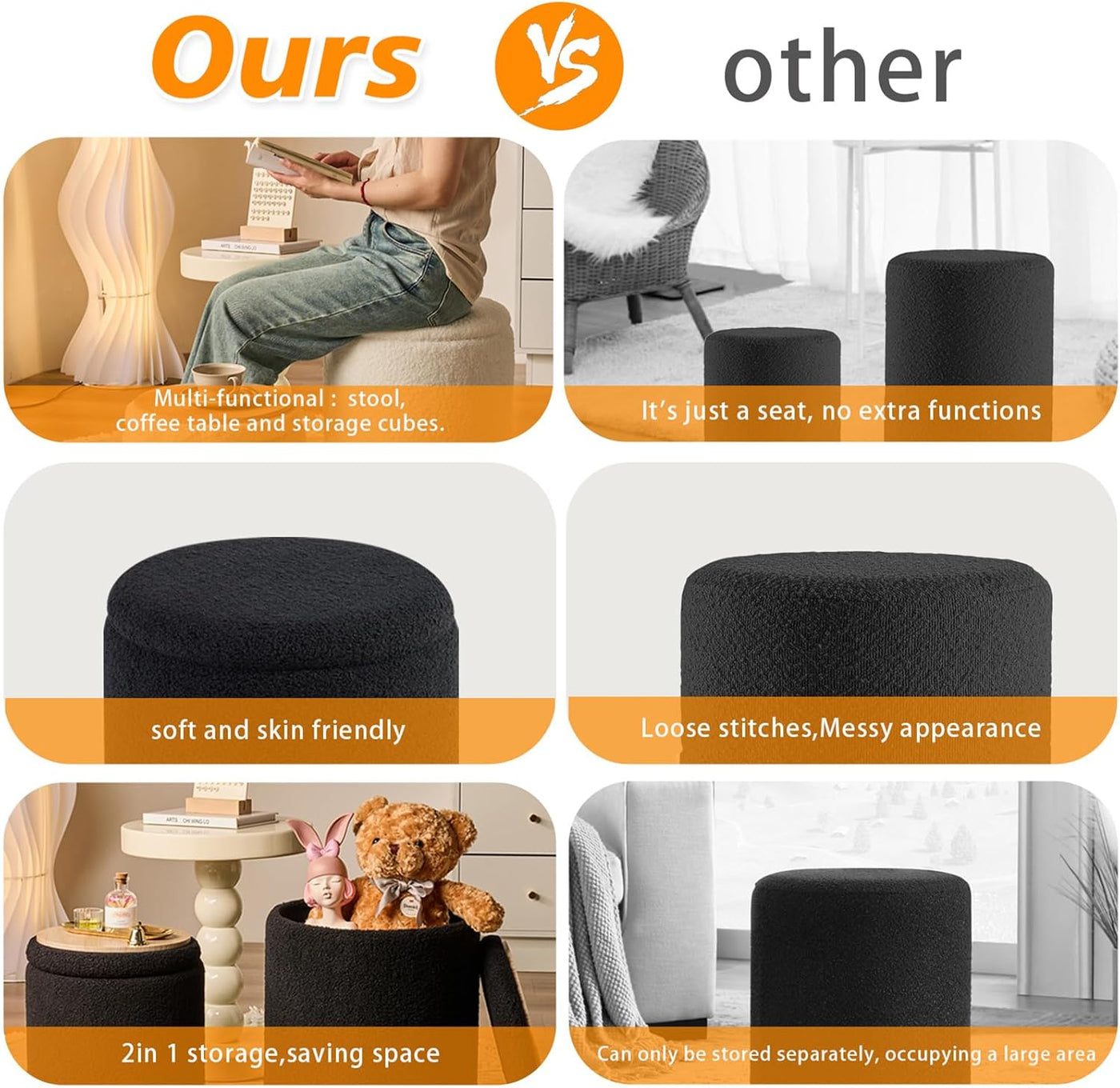 Rundes 2er-Set Aufbewahrungs-Ottoman – Gepolsterter Samt Schminktischhocker für Make-up Multifunktionale Ottomane Couchtisch Gepolsterter Sitz Fußablage für Wohnzimmer & Schlafzimmer (Weiß)
