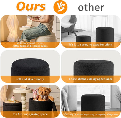 Rundes 2er-Set Aufbewahrungs-Ottoman – Gepolsterter Samt Schminktischhocker für Make-up Multifunktionale Ottomane Couchtisch Gepolsterter Sitz Fußablage für Wohnzimmer & Schlafzimmer (Weiß)