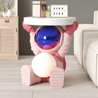 Astronautentisch mit rundem Tischplatte 19,7" x 17,7" Sofa-Beistelltisch mit Mondlampe Moderner Harz-Akzent Astronautenfigur für Schlafzimmer, Wohnzimmer, Zuhause, Rosa