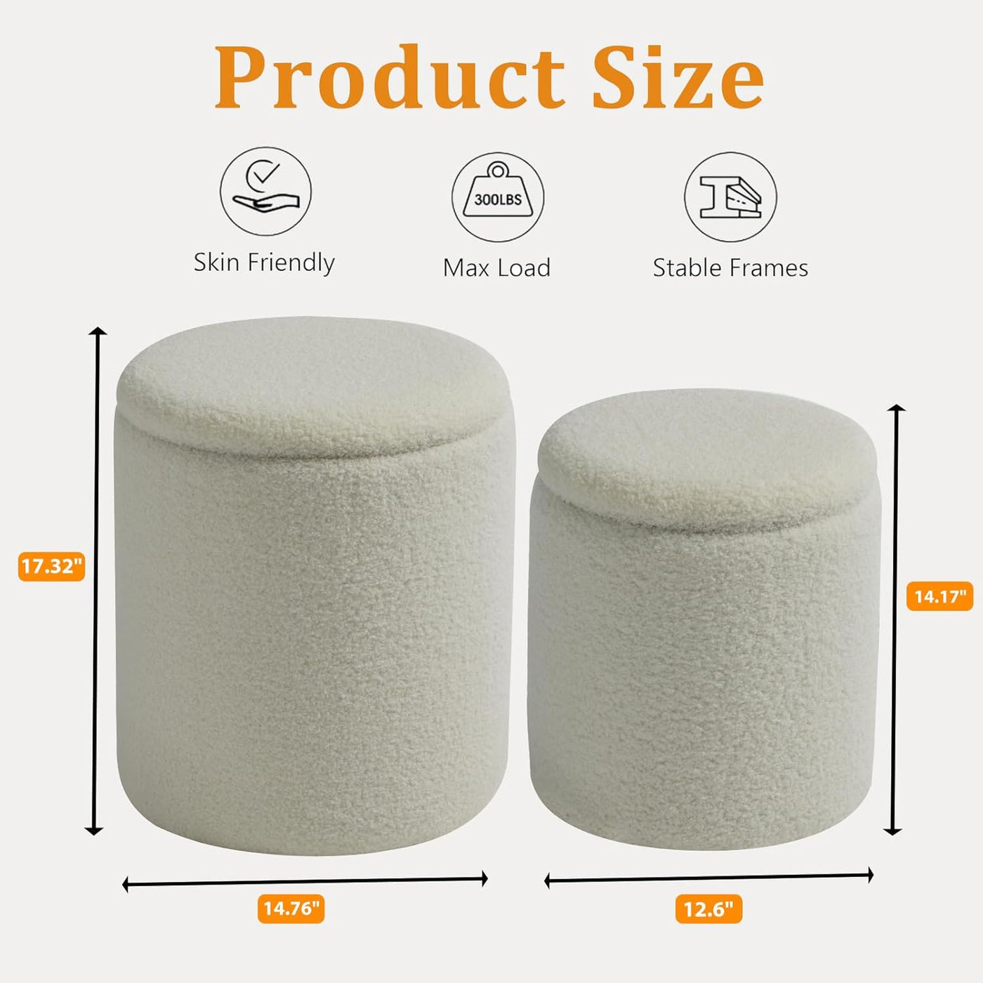 Rundes 2er-Set Aufbewahrungs-Ottoman – Gepolsterter Samt Schminktischhocker für Make-up Multifunktionale Ottomane Couchtisch Gepolsterter Sitz Fußablage für Wohnzimmer & Schlafzimmer (Weiß)