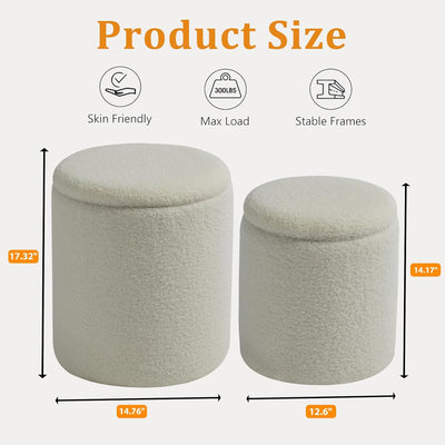 Rundes 2er-Set Aufbewahrungs-Ottoman – Gepolsterter Samt Schminktischhocker für Make-up Multifunktionale Ottomane Couchtisch Gepolsterter Sitz Fußablage für Wohnzimmer & Schlafzimmer (Weiß)