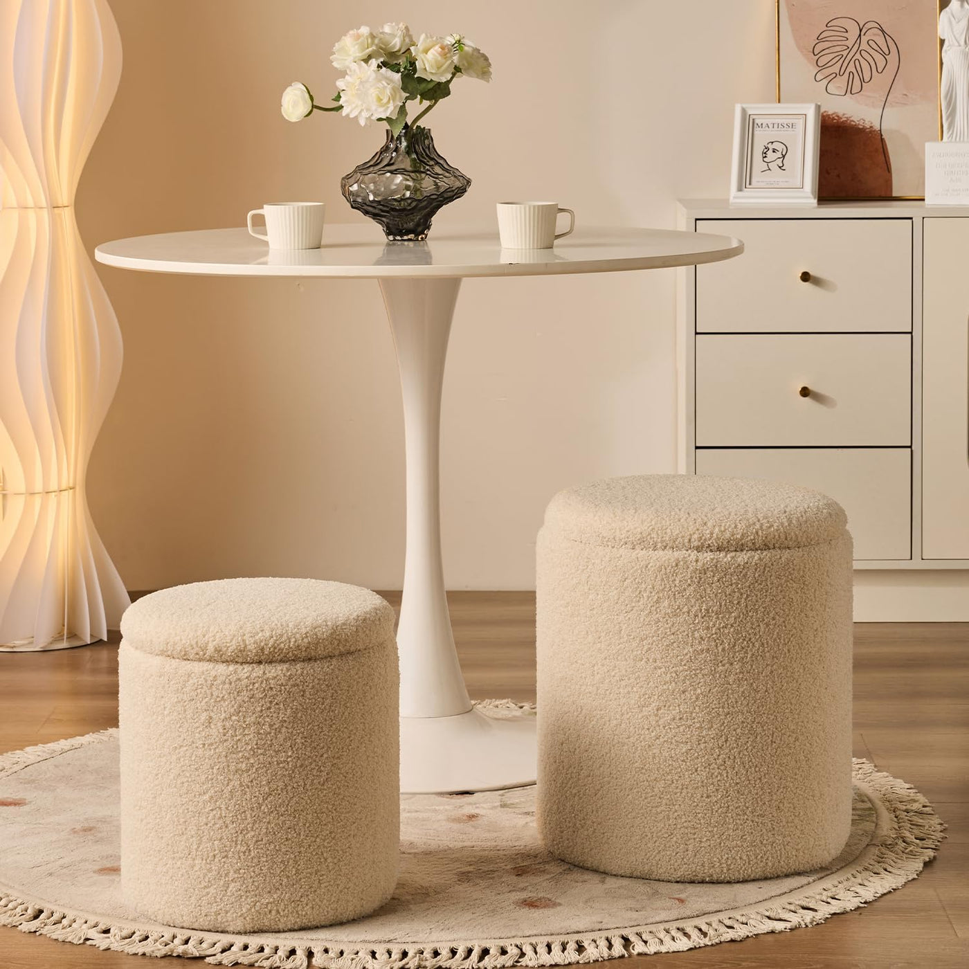 Rundes 2er-Set Aufbewahrungs-Ottoman – Gepolsterter Samt Schminktischhocker für Make-up Multifunktionale Ottomane Couchtisch Gepolsterter Sitz Fußablage für Wohnzimmer & Schlafzimmer (Weiß)