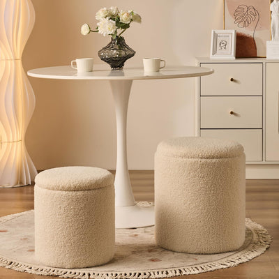 Rundes 2er-Set Aufbewahrungs-Ottoman – Gepolsterter Samt Schminktischhocker für Make-up Multifunktionale Ottomane Couchtisch Gepolsterter Sitz Fußablage für Wohnzimmer & Schlafzimmer (Weiß)