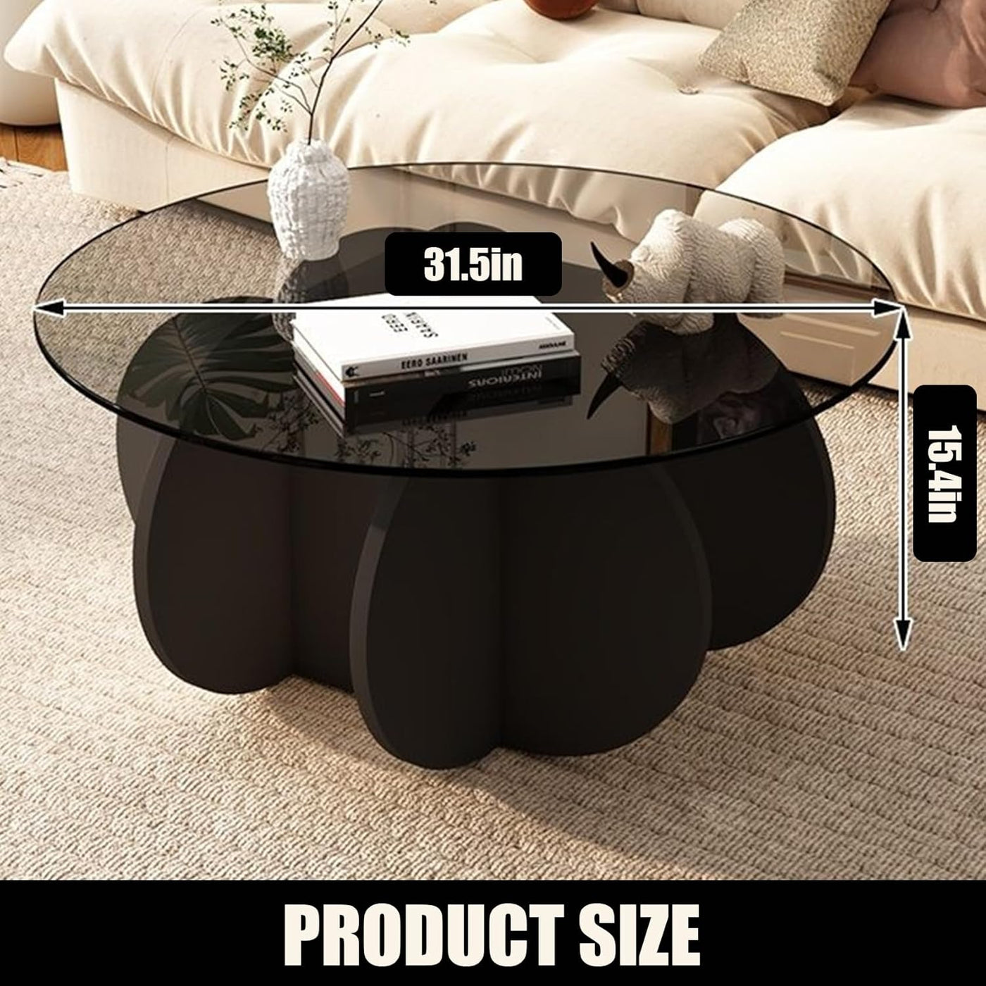 Schwarzer Couchtisch, 31,5" runder Glastisch für das Wohnzimmer, Mid-Century-Modern-Couchtisch, einzigartiger runder Beistelltisch mit Holzfuß