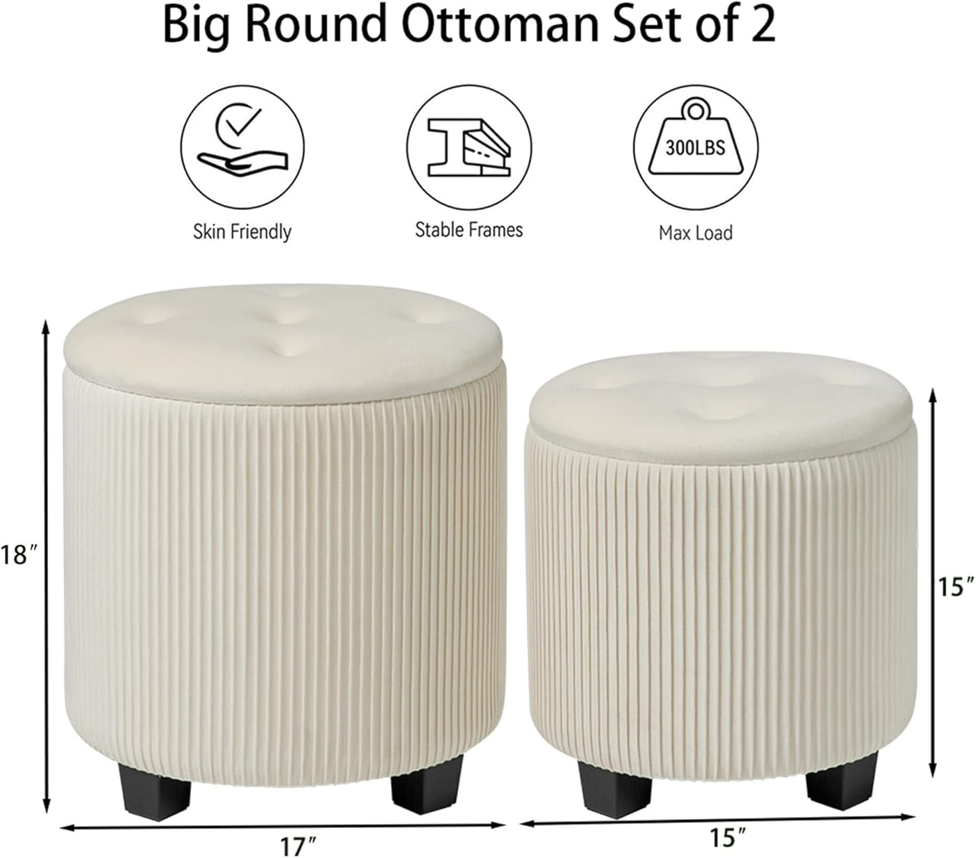 Rundes 2er-Set Aufbewahrungs-Ottoman – Gepolsterter Samt Schminktischhocker für Make-up Multifunktionale Ottomane Couchtisch Gepolsterter Sitz Fußablage für Wohnzimmer & Schlafzimmer (Weiß)