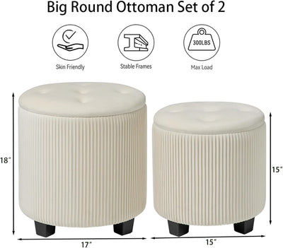 Rundes 2er-Set Aufbewahrungs-Ottoman – Gepolsterter Samt Schminktischhocker für Make-up Multifunktionale Ottomane Couchtisch Gepolsterter Sitz Fußablage für Wohnzimmer & Schlafzimmer (Weiß)