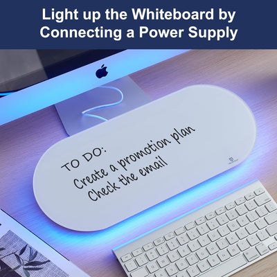 TSJ OFFICE Glas-Schreibtisch-Whiteboard – 17 x 7 Zoll kleines Whiteboard mit blauer Beleuchtung, Glas-Whiteboard-Oberfläche Notizblock mit 1 Schublade, Schreibtisch-Organizer für Büro, Zuhause, Schulbedarf