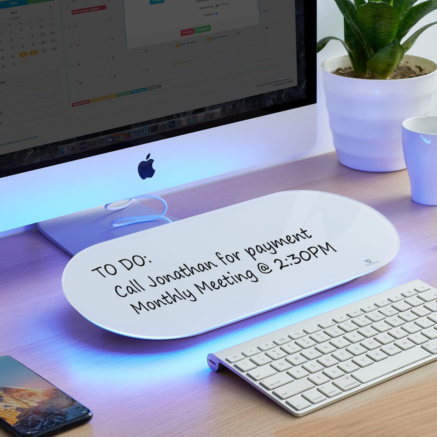 TSJ OFFICE Glas-Schreibtisch-Whiteboard – 17 x 7 Zoll kleines Whiteboard mit blauer Beleuchtung, Glas-Whiteboard-Oberfläche Notizblock mit 1 Schublade, Schreibtisch-Organizer für Büro, Zuhause, Schulbedarf