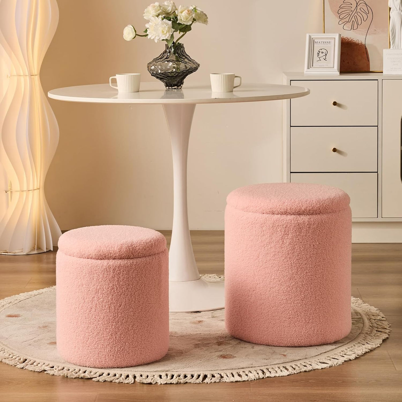 Rundes 2er-Set Aufbewahrungs-Ottoman – Gepolsterter Samt Schminktischhocker für Make-up Multifunktionale Ottomane Couchtisch Gepolsterter Sitz Fußablage für Wohnzimmer & Schlafzimmer (Weiß)