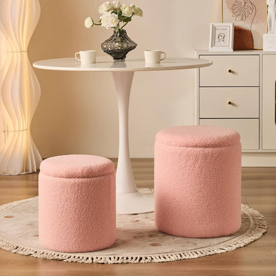 Rundes 2er-Set Aufbewahrungs-Ottoman – Gepolsterter Samt Schminktischhocker für Make-up Multifunktionale Ottomane Couchtisch Gepolsterter Sitz Fußablage für Wohnzimmer & Schlafzimmer (Weiß)