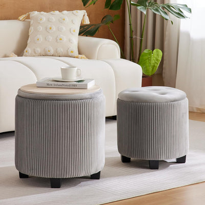 Rundes 2er-Set Aufbewahrungs-Ottoman – Gepolsterter Samt Schminktischhocker für Make-up Multifunktionale Ottomane Couchtisch Gepolsterter Sitz Fußablage für Wohnzimmer & Schlafzimmer (Weiß)