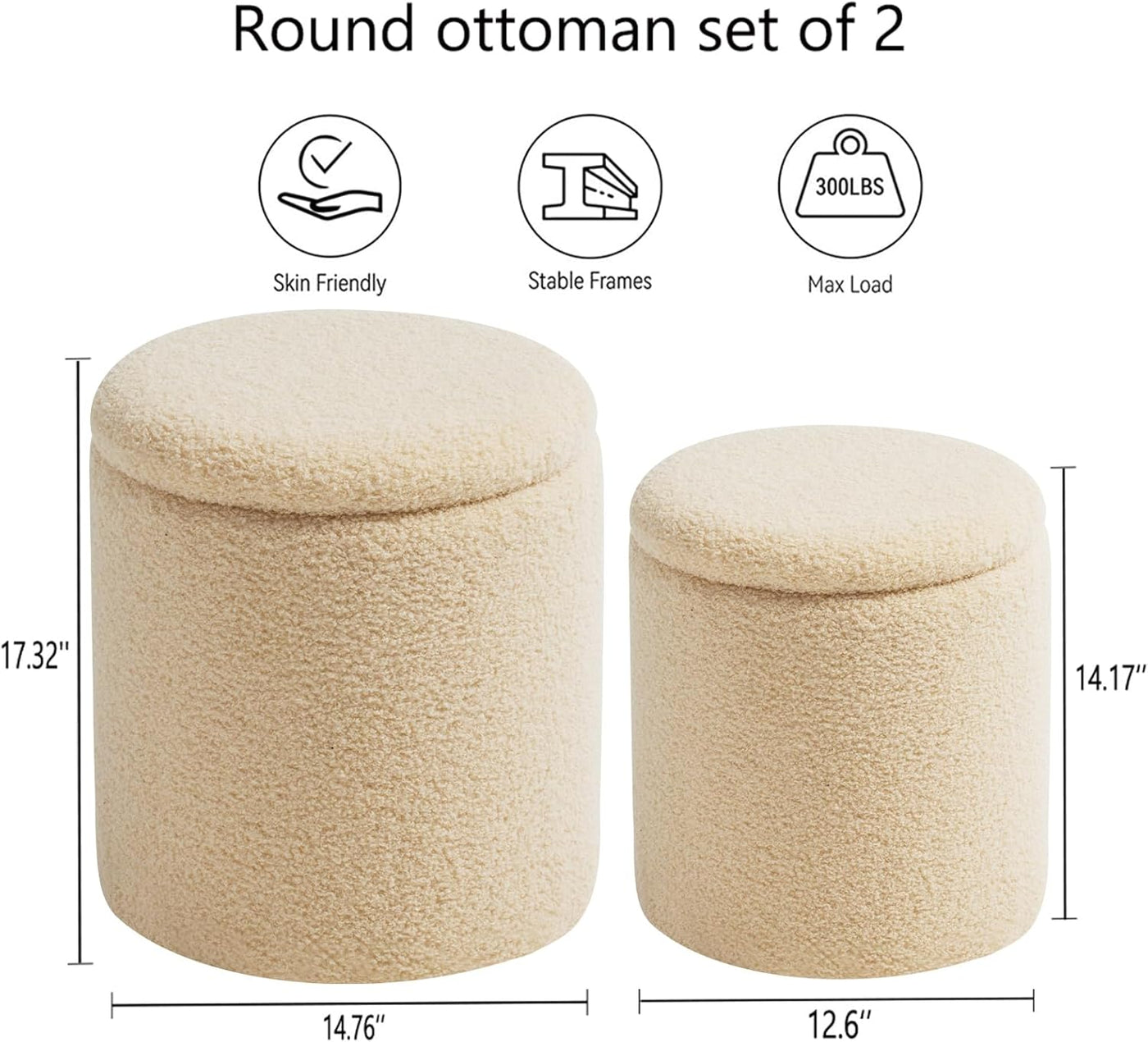 Rundes 2er-Set Aufbewahrungs-Ottoman – Gepolsterter Samt Schminktischhocker für Make-up Multifunktionale Ottomane Couchtisch Gepolsterter Sitz Fußablage für Wohnzimmer & Schlafzimmer (Weiß)