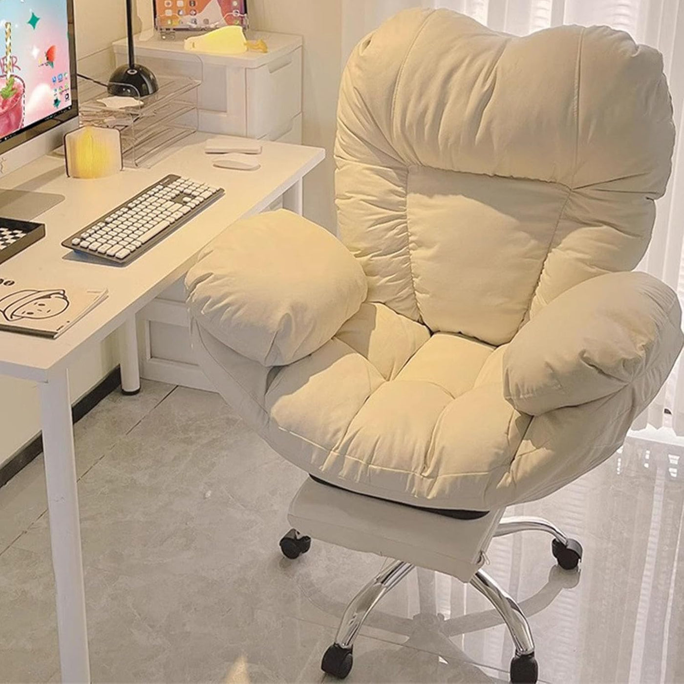 Lazy Sofa Home Office Schreibtischstuhl, Hebbarer Computer Gaming Stuhl Rückenlehnen-Liegestuhl Ergonomischer Bürostuhl 90–130° Große Neigung 360° Drehstuhl mit ausziehbarer Fußstütze