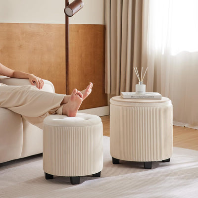 Rundes 2er-Set Aufbewahrungs-Ottoman – Gepolsterter Samt Schminktischhocker für Make-up Multifunktionale Ottomane Couchtisch Gepolsterter Sitz Fußablage für Wohnzimmer & Schlafzimmer (Weiß)