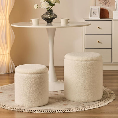 Rundes 2er-Set Aufbewahrungs-Ottoman – Gepolsterter Samt Schminktischhocker für Make-up Multifunktionale Ottomane Couchtisch Gepolsterter Sitz Fußablage für Wohnzimmer & Schlafzimmer (Weiß)