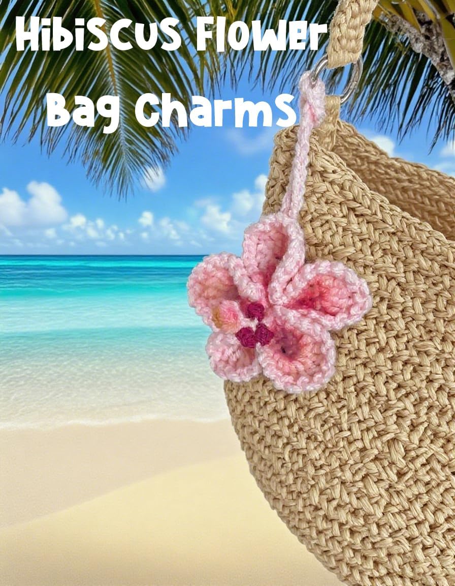 Hibiskusblume Auto Hängedeko, Gehäkelte Hawaiianische Tropenblumen Taschenanhänger Deko Rückspiegel Strandaccessoires (Rosa)