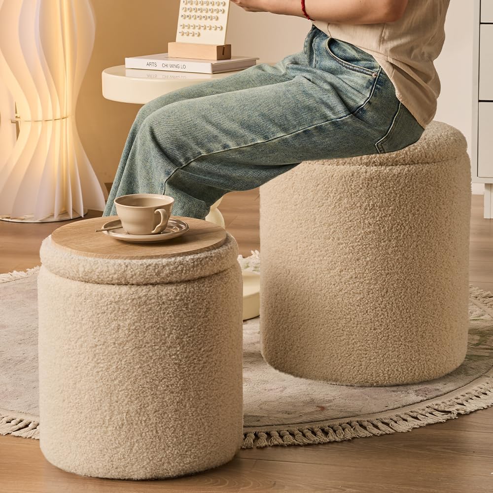 Rundes 2er-Set Aufbewahrungs-Ottoman – Gepolsterter Samt Schminktischhocker für Make-up Multifunktionale Ottomane Couchtisch Gepolsterter Sitz Fußablage für Wohnzimmer & Schlafzimmer (Weiß)