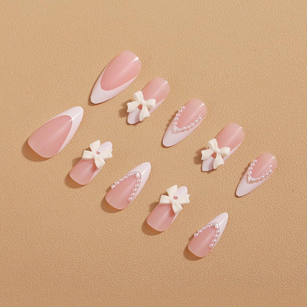 24 Stück Frühling Press-On Nägel Kurz Mandel, YIHONGYAN 3D Strass Muschel-Design Künstliche Nägel Press-Ons Blau Französische Nägel Acryl-Set Klebenägel Vollabdeckung Glitzer Nägel zum Aufkleben für Frauen
