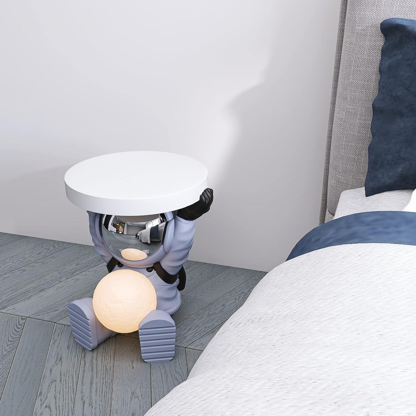 Astronautentisch mit rundem Tischplatte 19,7" x 17,7" Sofa-Beistelltisch mit Mondlampe Moderner Harz-Akzent Astronautenfigur für Schlafzimmer, Wohnzimmer, Zuhause, Rosa