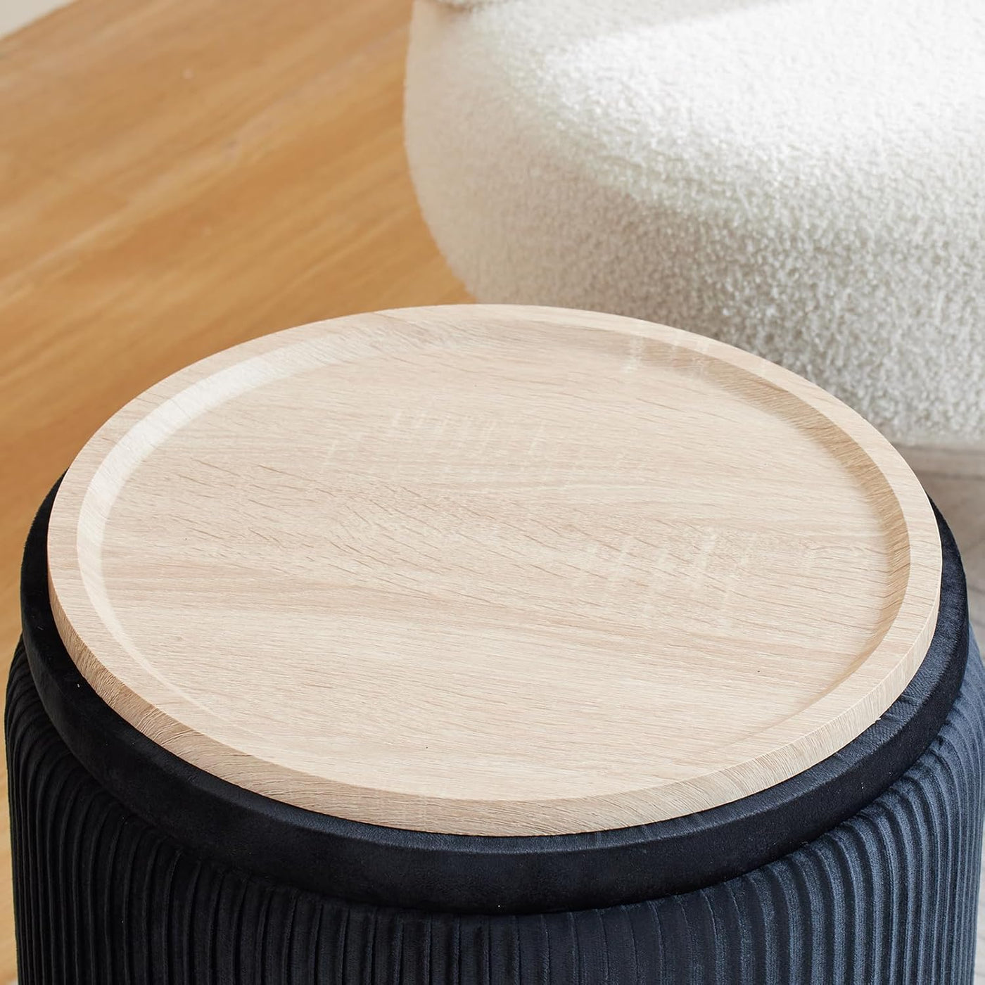 Rundes 2er-Set Aufbewahrungs-Ottoman – Gepolsterter Samt Schminktischhocker für Make-up Multifunktionale Ottomane Couchtisch Gepolsterter Sitz Fußablage für Wohnzimmer & Schlafzimmer (Weiß)