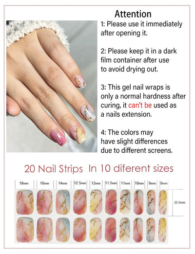 Semi Cured Gel Nail Strips, 20 Stück Gel Nagelaufkleber UV, Wraps für DIY Maniküre zu Hause (Transparent)