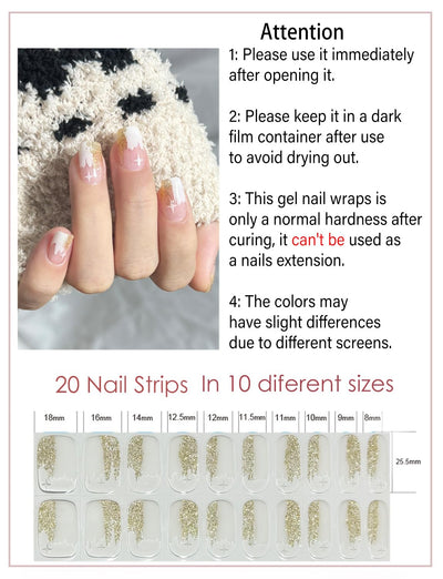 Semi Cured Gel Nail Strips, 20 Stück Gel Nagelaufkleber UV, Wraps für DIY Maniküre zu Hause (Transparent)