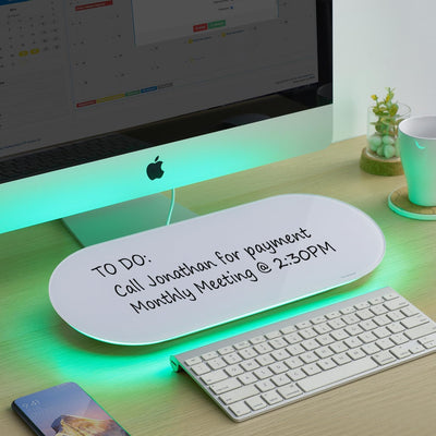 TSJ OFFICE Glas-Schreibtisch-Whiteboard – 17 x 7 Zoll kleines Whiteboard mit blauer Beleuchtung, Glas-Whiteboard-Oberfläche Notizblock mit 1 Schublade, Schreibtisch-Organizer für Büro, Zuhause, Schulbedarf