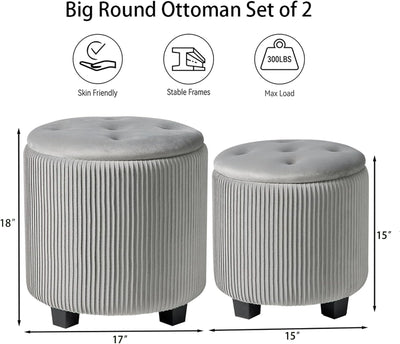 Rundes 2er-Set Aufbewahrungs-Ottoman – Gepolsterter Samt Schminktischhocker für Make-up Multifunktionale Ottomane Couchtisch Gepolsterter Sitz Fußablage für Wohnzimmer & Schlafzimmer (Weiß)