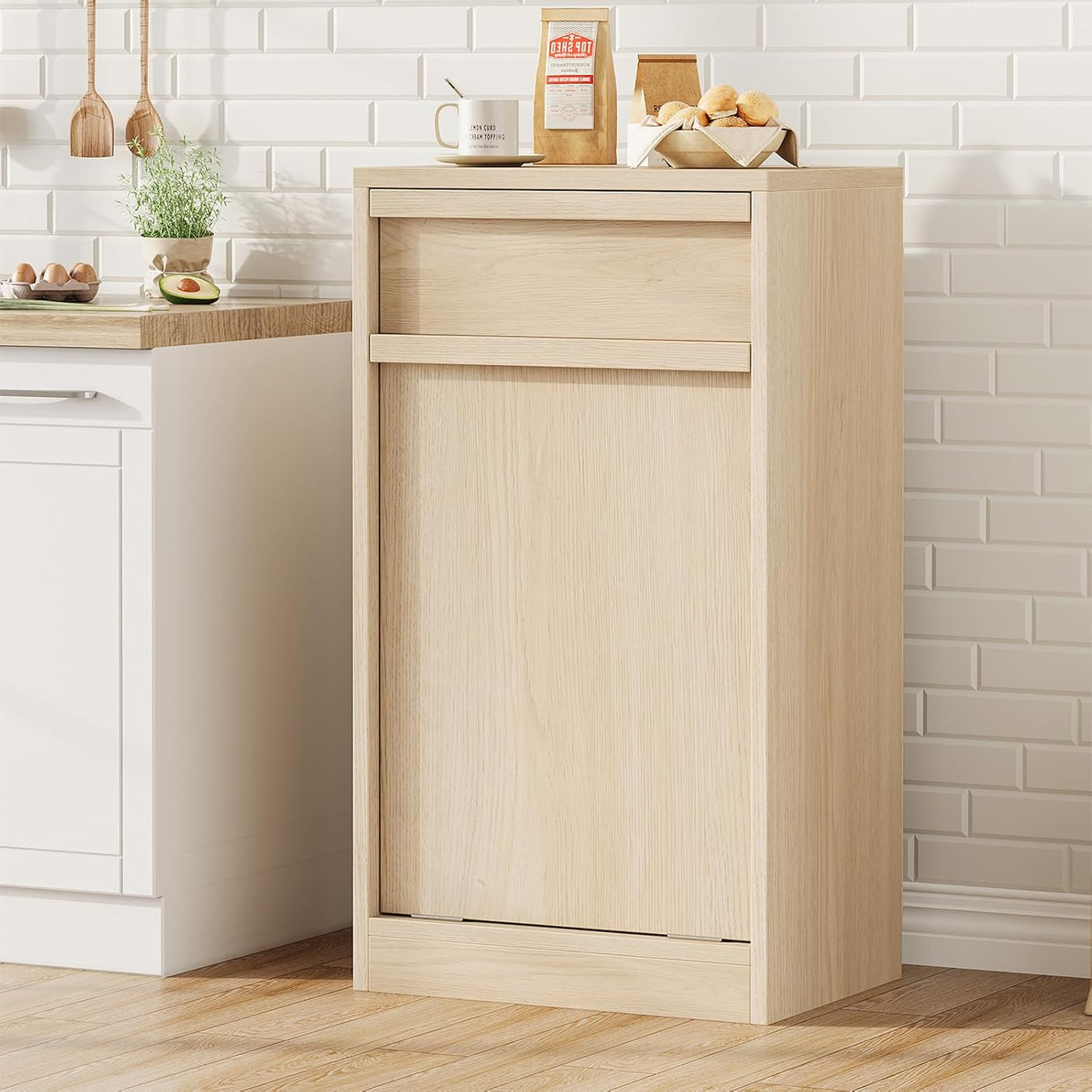 GarveeHome Doppelt Kippbarer Mülleimerschrank, Moderner Mülleimerschrank mit 20 Gallonen Stauraum, Versteckter freistehender Mülleimerschrank / Wäschekorb für Küche, Ess- und Wohnzimmer
