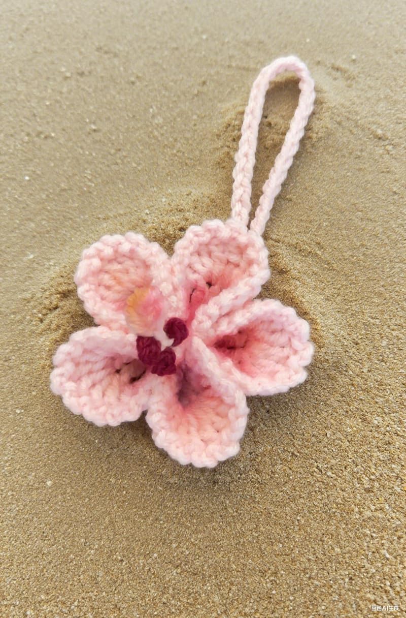 Hibiskusblume Auto Hängedeko, Gehäkelte Hawaiianische Tropenblumen Taschenanhänger Deko Rückspiegel Strandaccessoires (Rosa)