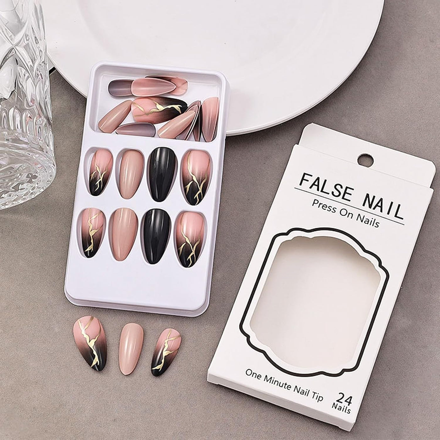 24 Stück Sommer Press-on-Nägel French Tips Medium Mandel Acryl Künstliche Nägel Sonnennägel zum Aufkleben Glänzende Orange Kurvenlinie Künstliche Nagelwellen Gelkleber Fingernägel für Maniküre Kunst Frauen Mädchen