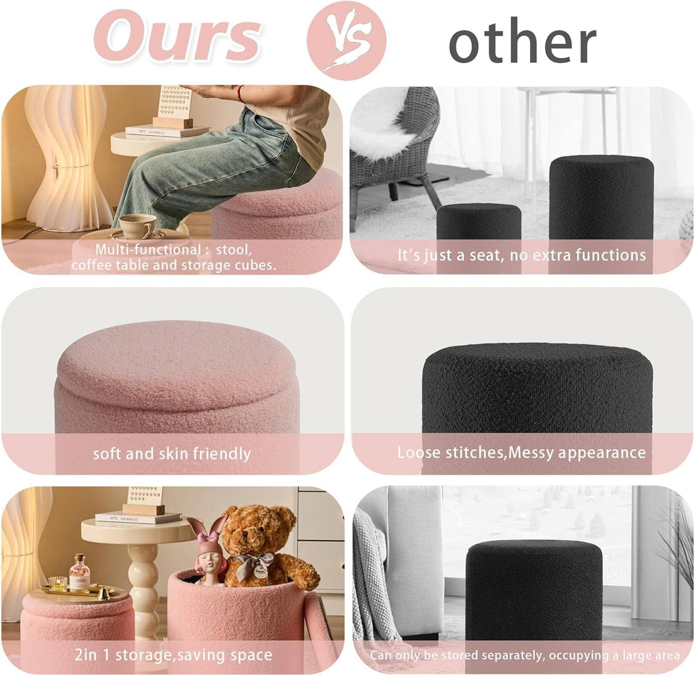 Rundes 2er-Set Aufbewahrungs-Ottoman – Gepolsterter Samt Schminktischhocker für Make-up Multifunktionale Ottomane Couchtisch Gepolsterter Sitz Fußablage für Wohnzimmer & Schlafzimmer (Weiß)