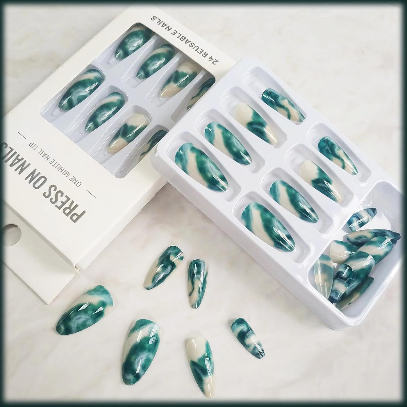 24 Stück Sommer Press-on-Nägel French Tips Medium Mandel Acryl Künstliche Nägel Sonnennägel zum Aufkleben Glänzende Orange Kurvenlinie Künstliche Nagelwellen Gelkleber Fingernägel für Maniküre Kunst Frauen Mädchen