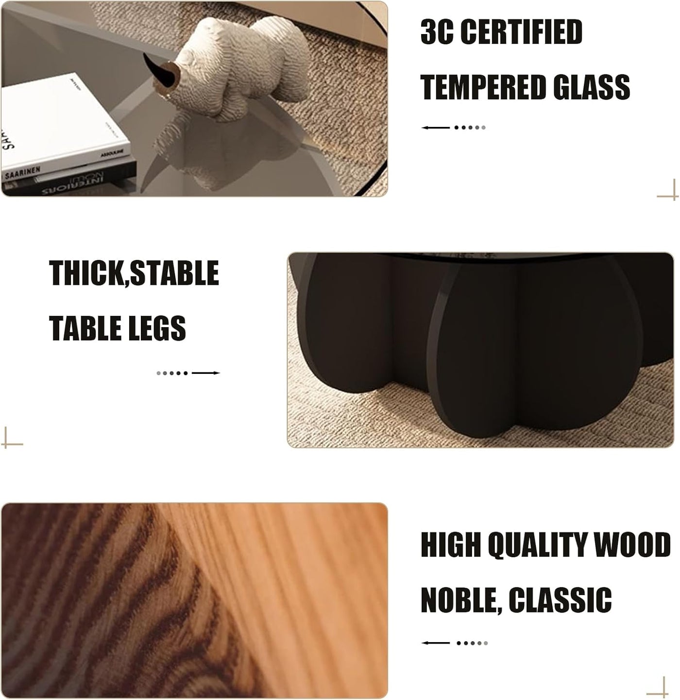 Schwarzer Couchtisch, 31,5" runder Glastisch für das Wohnzimmer, Mid-Century-Modern-Couchtisch, einzigartiger runder Beistelltisch mit Holzfuß