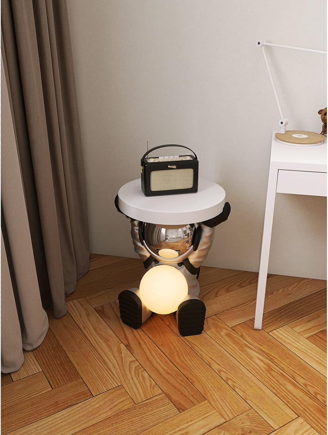 Astronautentisch mit rundem Tischplatte 19,7" x 17,7" Sofa-Beistelltisch mit Mondlampe Moderner Harz-Akzent Astronautenfigur für Schlafzimmer, Wohnzimmer, Zuhause, Rosa