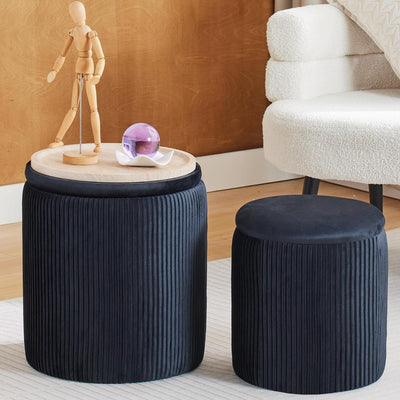 Rundes 2er-Set Aufbewahrungs-Ottoman – Gepolsterter Samt Schminktischhocker für Make-up Multifunktionale Ottomane Couchtisch Gepolsterter Sitz Fußablage für Wohnzimmer & Schlafzimmer (Weiß)