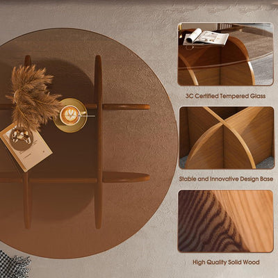 Schwarzer Couchtisch, 31,5" runder Glastisch für das Wohnzimmer, Mid-Century-Modern-Couchtisch, einzigartiger runder Beistelltisch mit Holzfuß