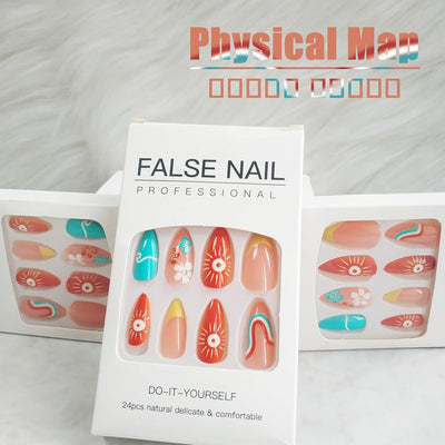 24 Stück Sommer Press-on-Nägel French Tips Medium Mandel Acryl Künstliche Nägel Sonnennägel zum Aufkleben Glänzende Orange Kurvenlinie Künstliche Nagelwellen Gelkleber Fingernägel für Maniküre Kunst Frauen Mädchen