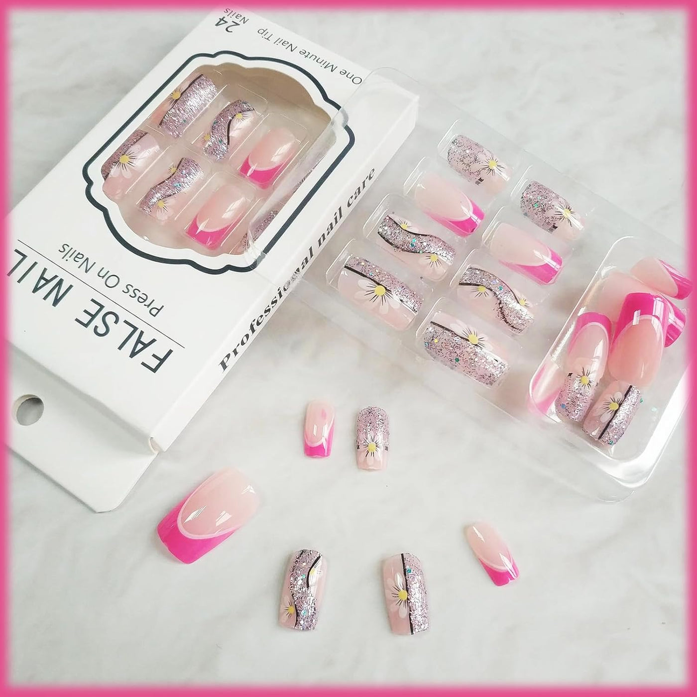 24 Stück Sommer Press-on-Nägel French Tips Medium Mandel Acryl Künstliche Nägel Sonnennägel zum Aufkleben Glänzende Orange Kurvenlinie Künstliche Nagelwellen Gelkleber Fingernägel für Maniküre Kunst Frauen Mädchen