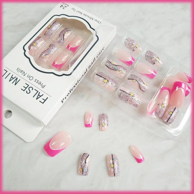 24 Stück Sommer Press-on-Nägel French Tips Medium Mandel Acryl Künstliche Nägel Sonnennägel zum Aufkleben Glänzende Orange Kurvenlinie Künstliche Nagelwellen Gelkleber Fingernägel für Maniküre Kunst Frauen Mädchen